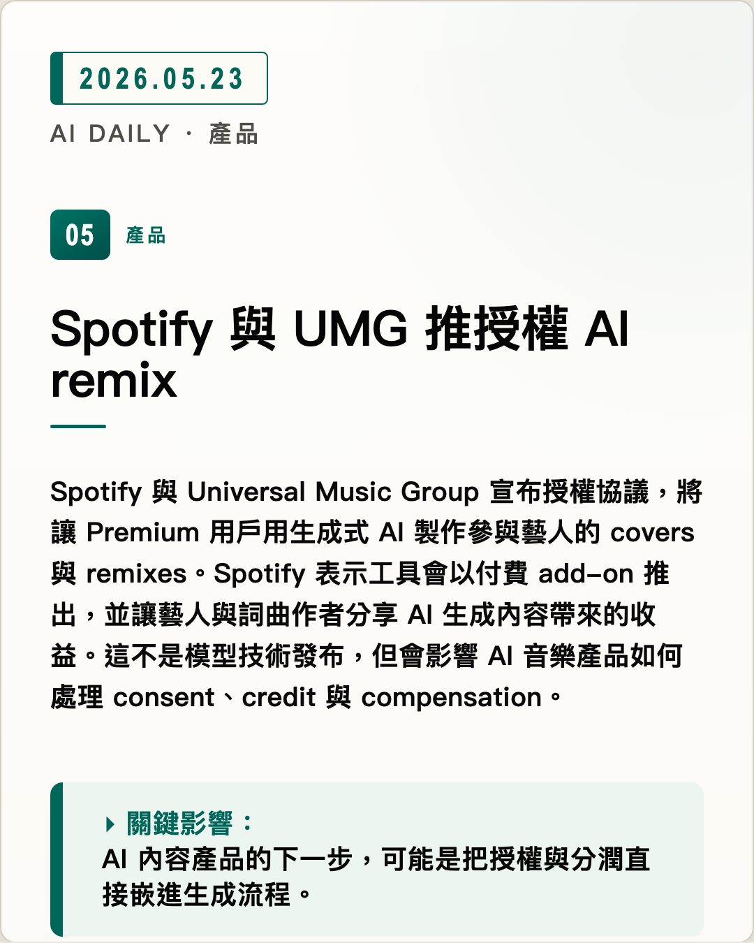 Spotify 與 UMG 推授權 AI remix 圖片摘要